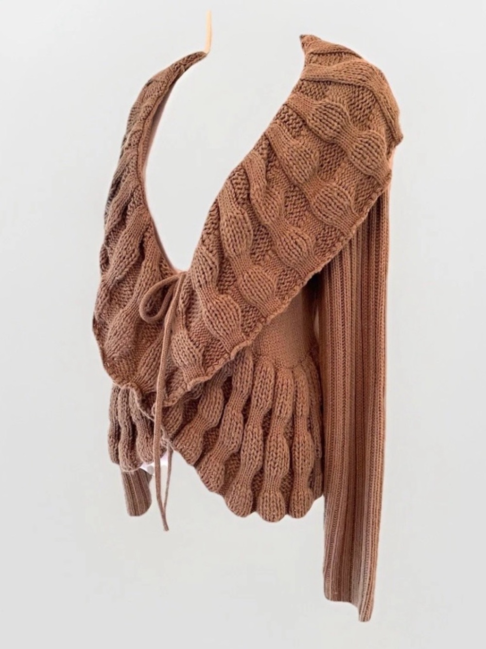 BCBG Ruffle Flounce Taupe Cable Knit Cardigan Sweater Tie Closure - Size M